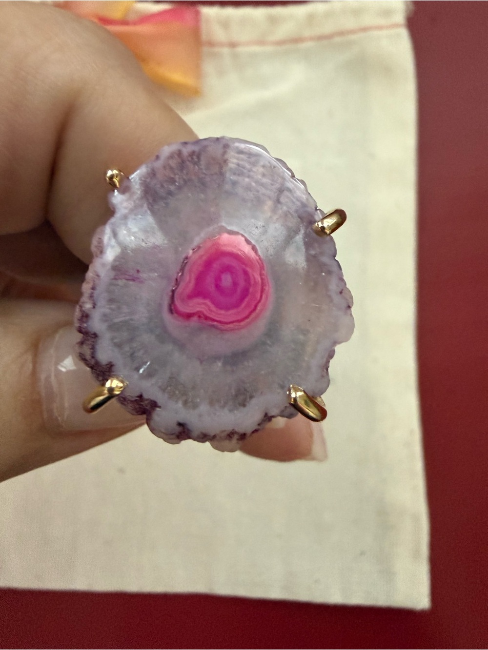 Artisan Pink and Lavender Agate Slice Ring with Gold Prongs Size 9